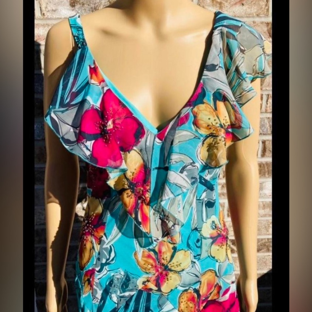 Y2K Turquoise Beaded Tropical Floral Ruffle Prom Dress Gown - Picture 3 of 7
